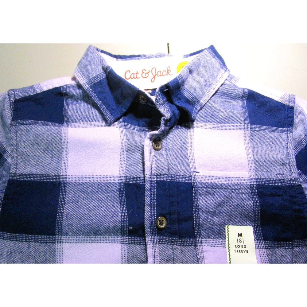 Cat & Jack Boys Flannel Plaid Shirt Blue White Gray Button Down Size Medium 8